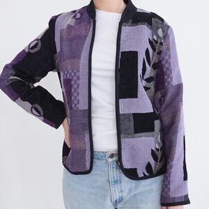 Vintage Dress Barn Purple Black Leaves Patchwork Zip Up Lightweight Jacket M